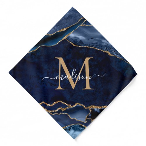 Navy Blue Gold Agate Geode Modern Girly Monogram Bandana