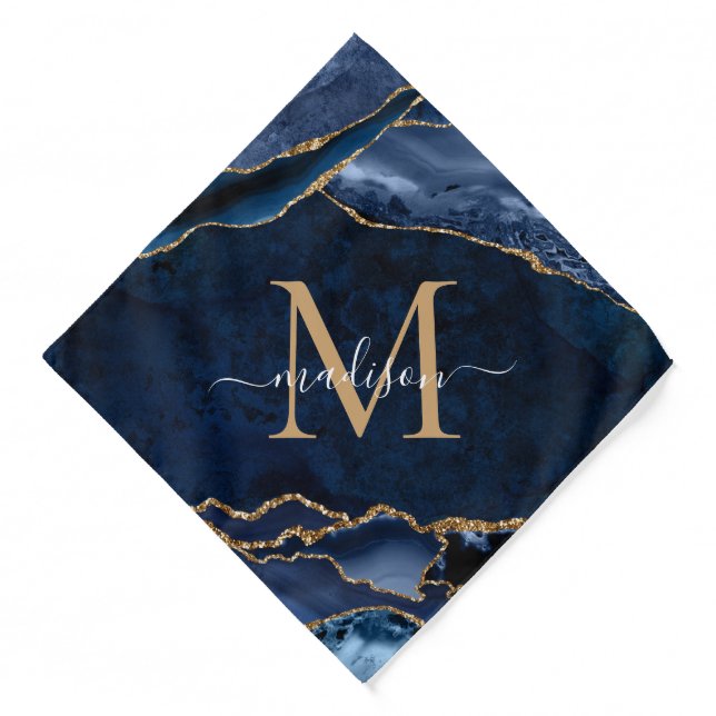 Navy Blue Gold Agate Geode Modern Girly Monogram Bandana (Front)