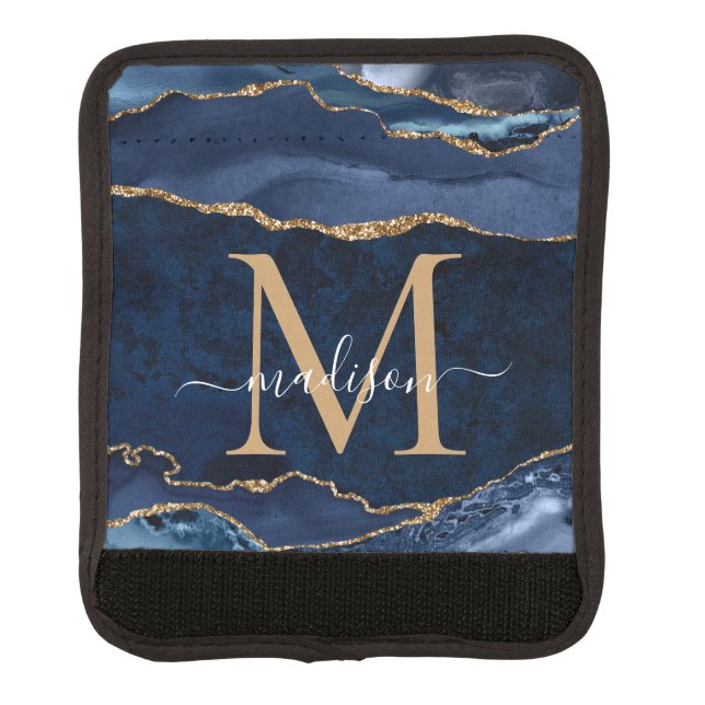 Navy Blue Gold Agate Geode Modern Girly Monogram Luggage Handle Wrap (Front)