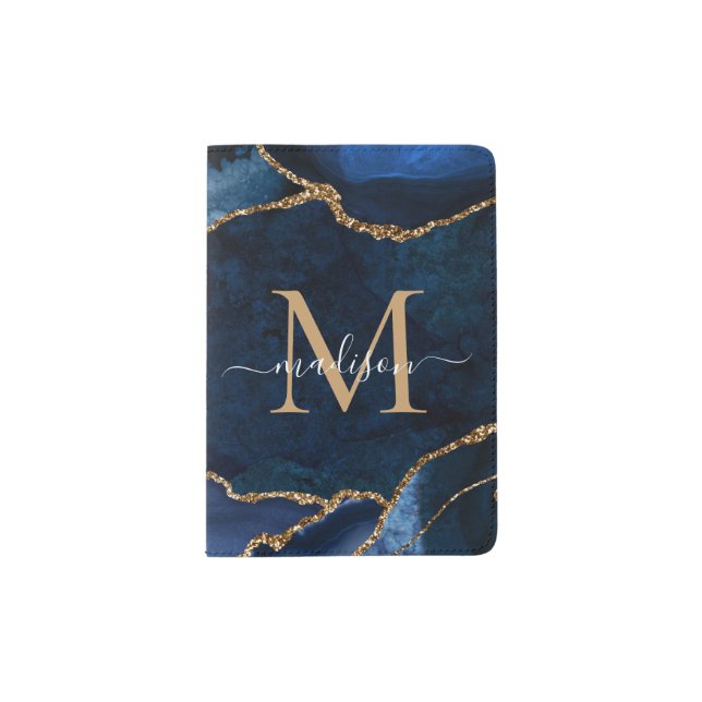 Navy Blue Gold Agate Geode Modern Girly Monogram Passport Holder (Front)