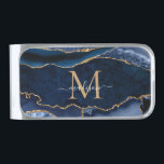 Navy Blue Gold Agate Geode Modern Girly Monogram Silver Finish Money Clip<br><div class="desc">Modern Glam Navy Blue Gold Glitter Sparkle Agate Geode Gemstone Elegant Feminine Monogram Script Name Money Clips</div>