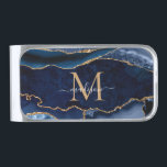 Navy Blue Gold Agate Geode Modern Girly Monogram Silver Finish Money Clip<br><div class="desc">Modern Glam Navy Blue Gold Glitter Sparkle Agate Geode Gemstone Elegant Feminine Monogram Script Name Money Clips</div>