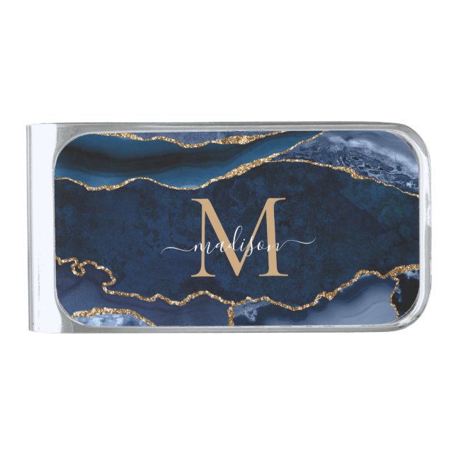 Navy Blue Gold Agate Geode Modern Girly Monogram Silver Finish Money Clip (Front)