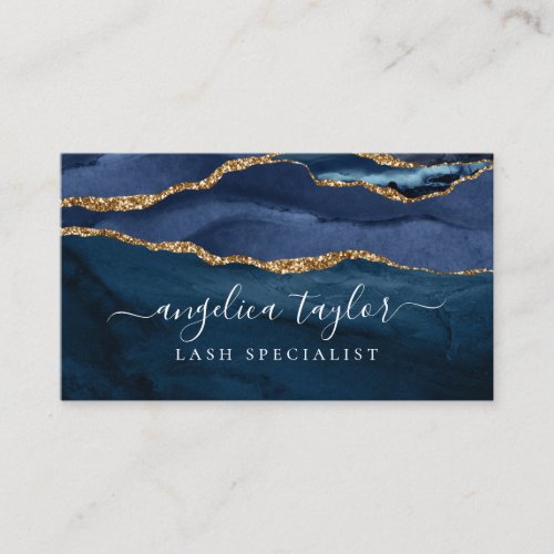 Navy Blue Gold Agate Geode Monogram Elegant Script Business Card