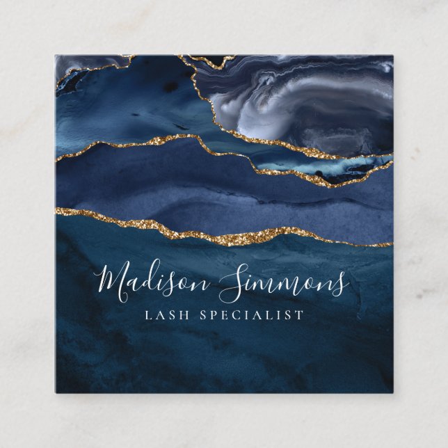 Navy Blue Gold Agate Geode Monogram Elegant Script Square Business Card (Front)