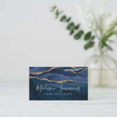 Navy Blue Gold Agate Geode Monogram Girly Script Business Card (Standing Front)