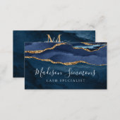 Navy Blue Gold Agate Geode Monogram Girly Script Business Card (Front/Back)