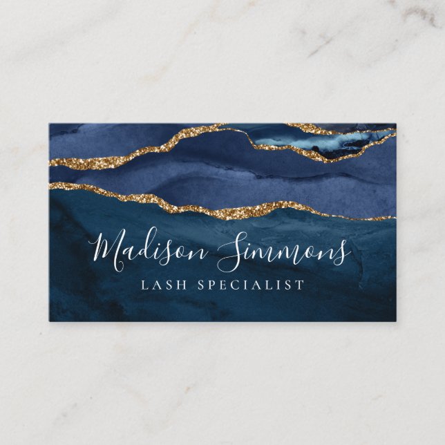 Navy Blue Gold Agate Geode Monogram Girly Script Business Card (Front)