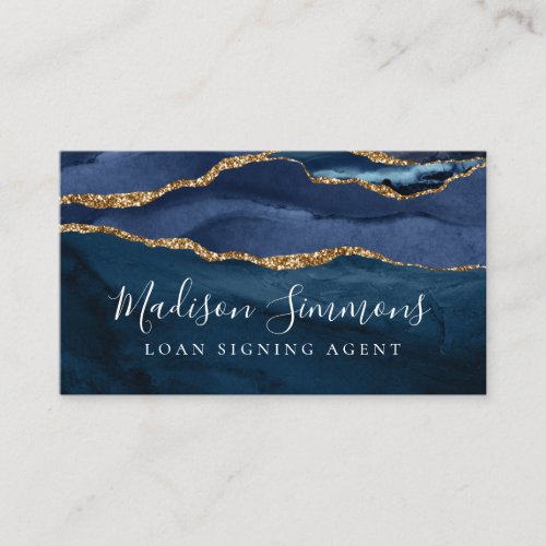 Navy Blue Gold Agate Geode Monogram Notary Public Business Card