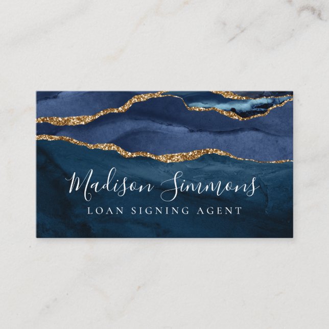 Navy Blue Gold Agate Geode Monogram Notary Public Business Card (Front)