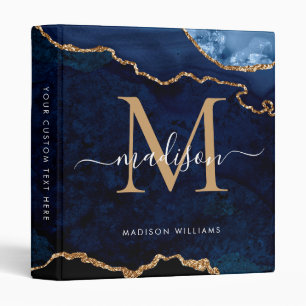 Navy Blue Gold Agate Geode Monogram Script Name 3 Ring Binder