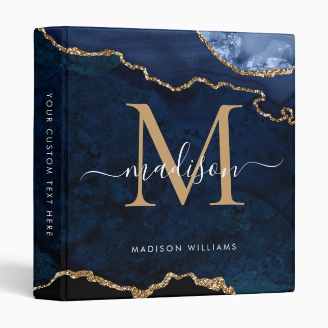 Navy Blue Gold Agate Geode Monogram Script Name 3 Ring Binder (Front/Spine)