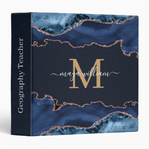 Navy Blue Gold Agate Geode Monogram Script Name 3 Ring Binder