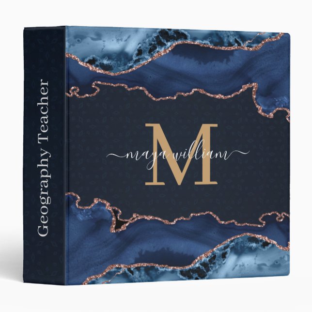 Navy Blue Gold Agate Geode Monogram Script Name   3 Ring Binder (Front/Spine)