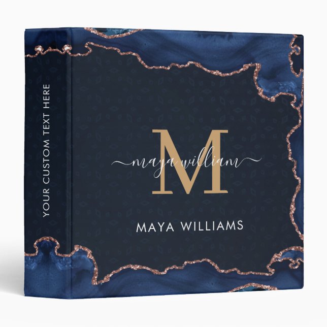 Navy Blue Gold Agate Geode Monogram Script Name   3 Ring Binder (Front/Spine)