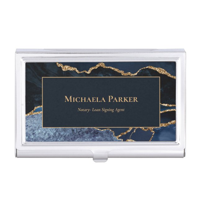 Navy Blue Gold Agate Geode Professional  Business Card Case (Front)