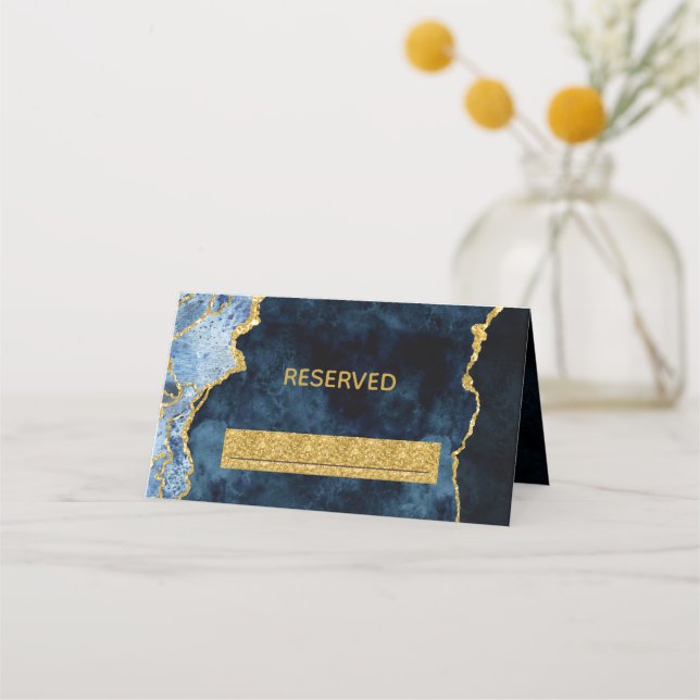 Navy Blue Gold Agate Gilt Reserved Seating Wedding Place Card (Front)