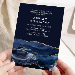 Navy Blue & Gold Agate Graduation Invitation