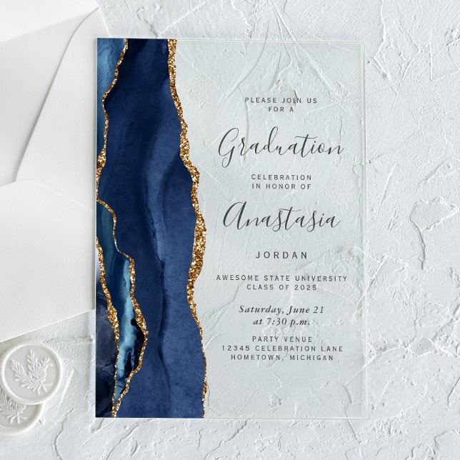 Navy Blue Gold Agate Gray Text Graduation Acrylic Invitations (Creator Uploaded)