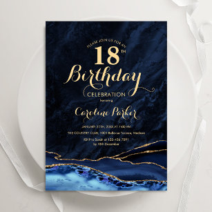 Navy Blue Gold Agate Marble 18th Birthday Invitation