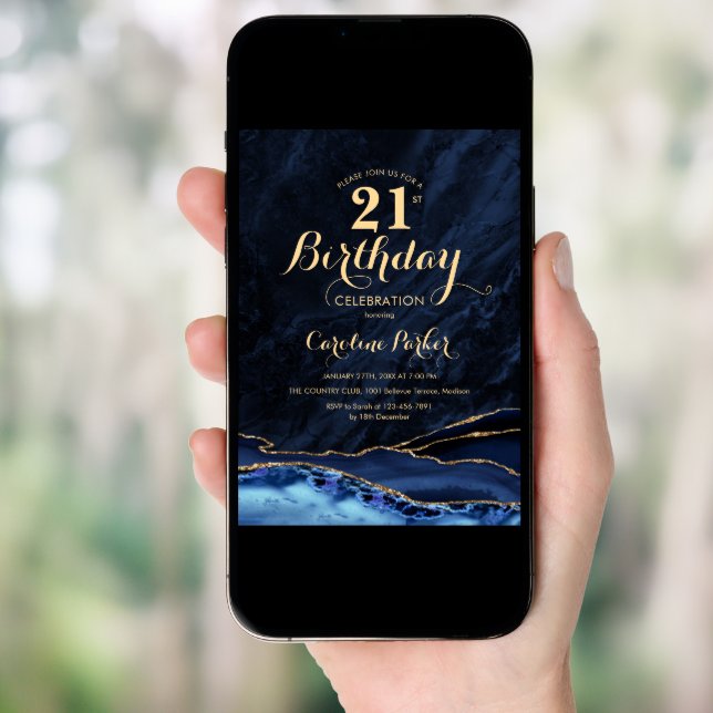 Navy Blue Gold Agate Marble 21st Birthday Invitation (Front Digital)