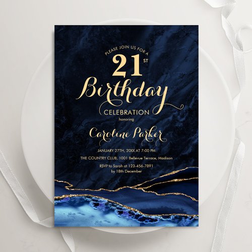 Navy Blue Gold Agate Marble 21st Birthday Invitation