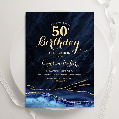 Navy Blue Gold Agate Marble 50th Birthday Invitation
