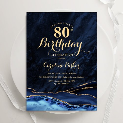 Navy Blue Gold Agate Marble 80th Birthday Invitation