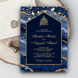 Navy Blue Gold Agate Marble Arch Muslim Wedding Invitation