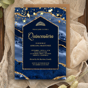 Gold and Blue Glitter Quinceanera Invitations, Blue Quinceañera Invitations,  Quinceañera Crown Invitations, Printable Quince Invitations 