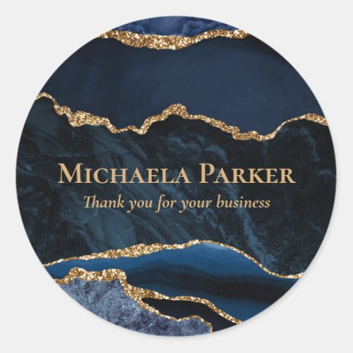 Navy Blue Gold Agate Marble Business Thank You Classic Round Sticker