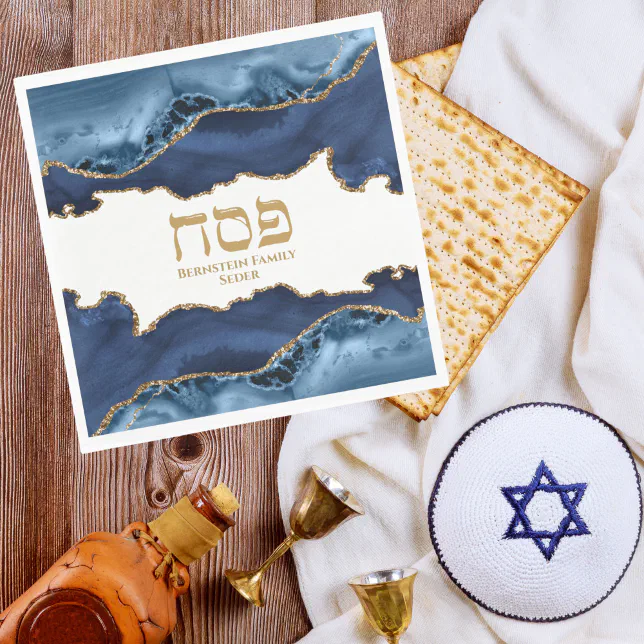 Navy Blue Gold Agate Marble Hebrew Passover Napkins | Zazzle