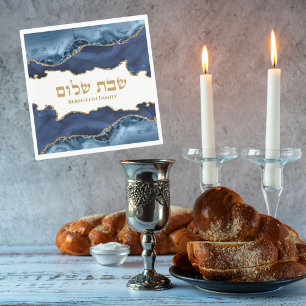 Navy Blue Gold Agate Marble Jewish Shabbat Shalom Napkins