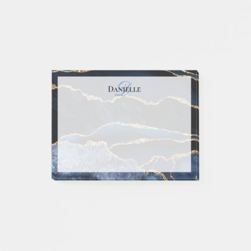 Navy Blue Gold Agate Marble Modern Monogram Post_it Notes