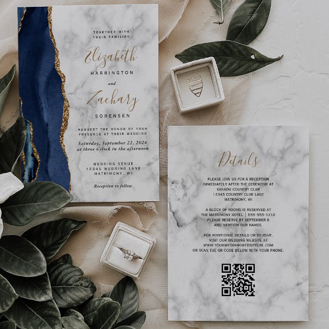 Navy Blue Gold Agate Marble QR Code Wedding Invitation (Creator Uploaded)