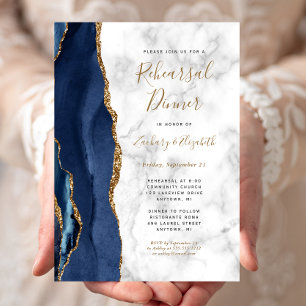 Navy Blue Gold Agate Marble Rehearsal Dinner Invitation