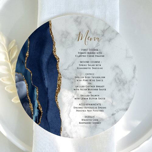 Navy Blue Gold Agate Marble Round Plate Wedding Menu