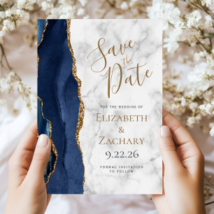 Navy Blue Gold Agate Marble Save the Date Card