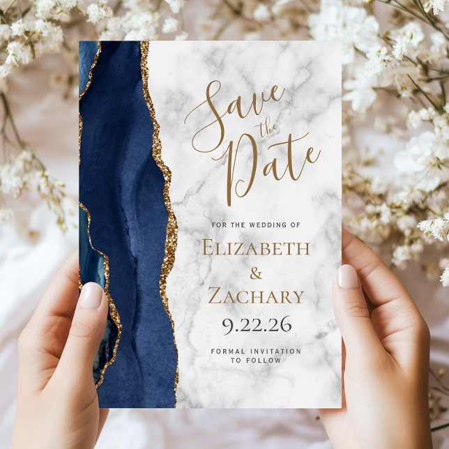 Navy Blue Gold Agate Marble Save the Date Card (Creator Uploaded)