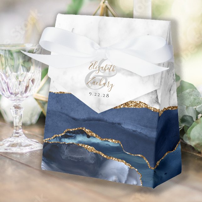 Navy Blue Gold Agate Marble Wedding Favor Boxes (Creator Uploaded)