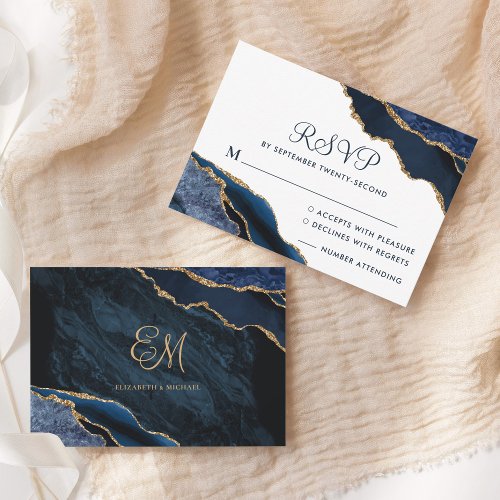 Navy Blue Gold Agate Marble Wedding Monogram RSVP Card