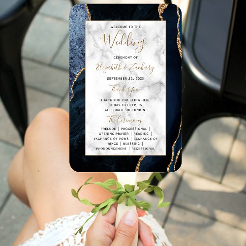 Navy Blue Gold Agate Marble Wedding Program Hand Fan