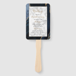 Navy Blue Gold Agate Marble Wedding Program Hand Fan
