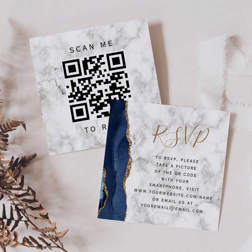Navy Blue Gold Agate Marble Wedding QR Code RSVP Enclosure Card