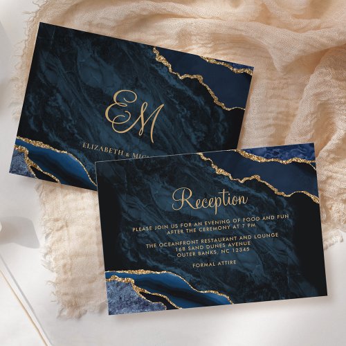 Navy Blue Gold Agate Marble Wedding Reception Enclosure Card