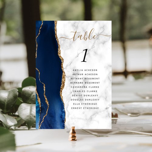 Navy Blue Gold Agate Marble Wedding Table Number