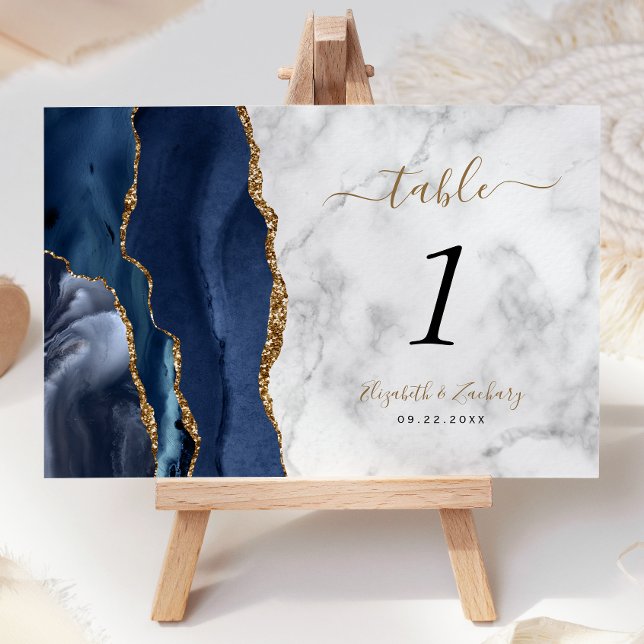 Navy Blue Gold Agate Marble Wedding Table Number (Creator Uploaded)