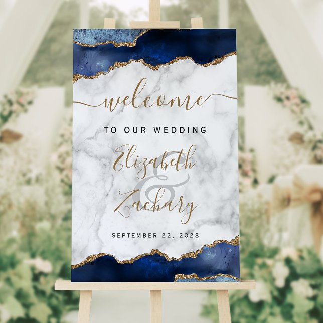 Navy Blue Gold Agate Marble Wedding Welcome Foam Board (Creator Uploaded)