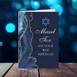 Navy Blue Gold Agate Mazel Tov Bat Mitzvah Card<br><div class="desc">Elegant navy blue and gold agate decorates the side of this modern Bat Mitzvah party congratulations card. Mazel Tov! Customize it under the Star of David. Perfect greeting card for a chic,  stylish Jewish family celebrating a girl being called to the Torah.</div>