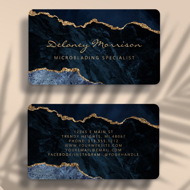 Navy Blue Gold Agate Microblading Rounded Business Card (Creator Uploaded)